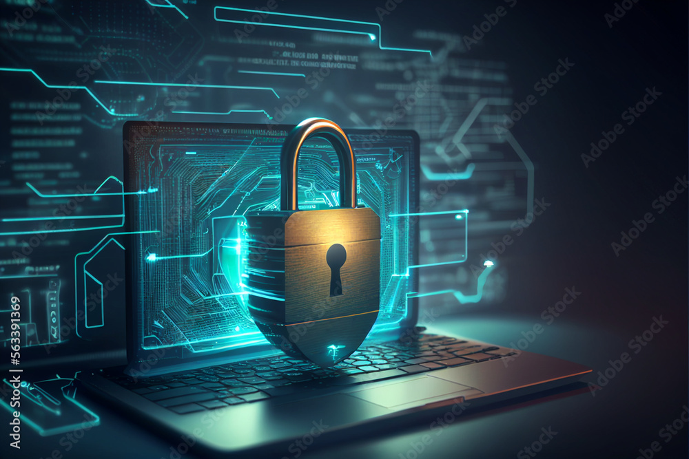 3D illustration of cyber online security with high-tech padlock protecting a laptop computer on a desk.