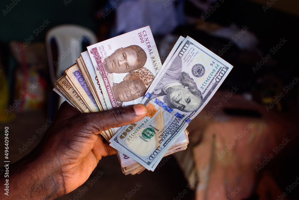 African hands holding multiple spread nigerian currency, money or cash with a two notes of american hundred dollar placed them