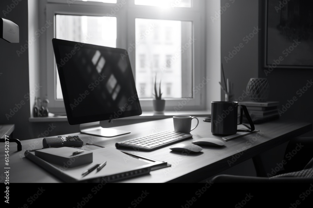 black and white photo of sleek minimalist desk, with laptop and pencil cup in the foreground, created with generative ai