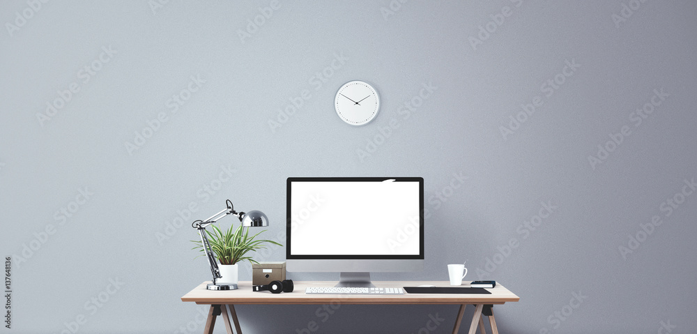 Peak Productivity with Computer display and office tools on desk. Desktop computer screen isolated. Modern creative workspace background. Front view