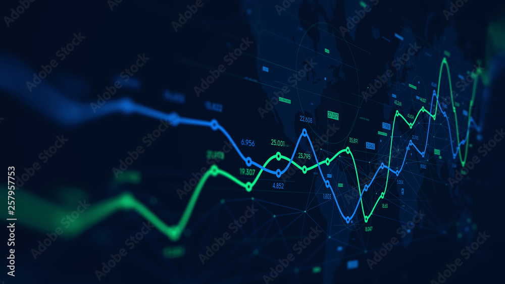 Digital analytics data visualization, financial schedule, monitor screen in perspective