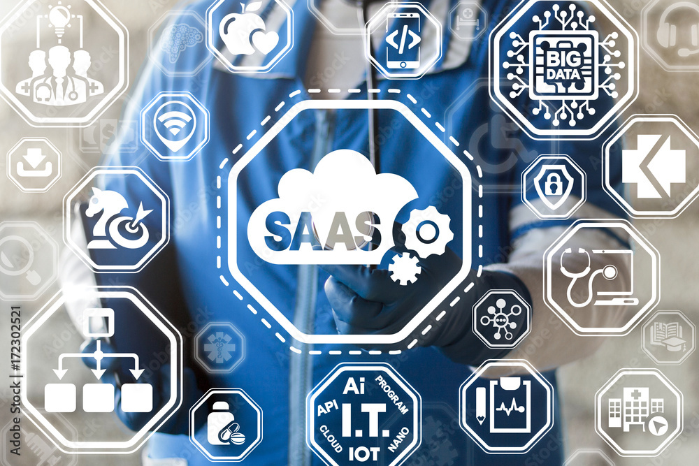 Doctor touched cloud saas gears icon on a virtual innovative interface. Software as a Service Cloud Computing Medical Digital Program Development concept.