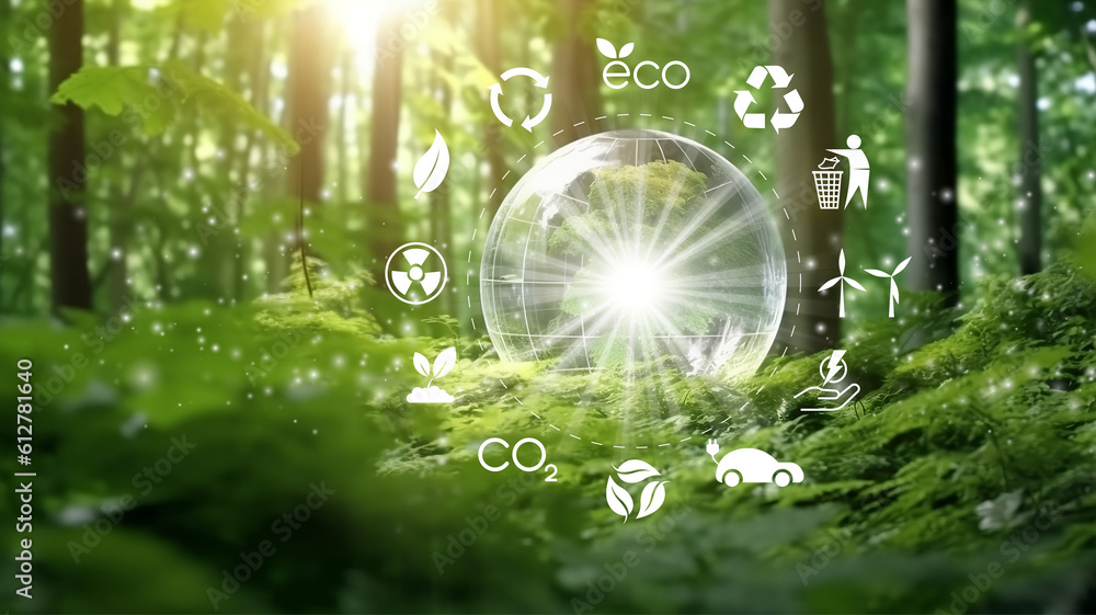 Glass globe in green forest with the icon environment of ESG, co2, circular company, and net zero. Technology Environment, Organization Sustainable development environmental
