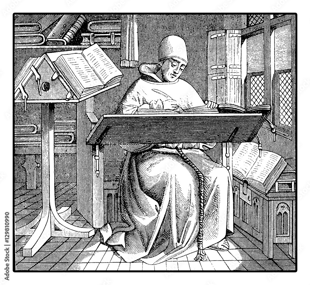 Medieval monk copying an ancient manuscript, vintage engraving