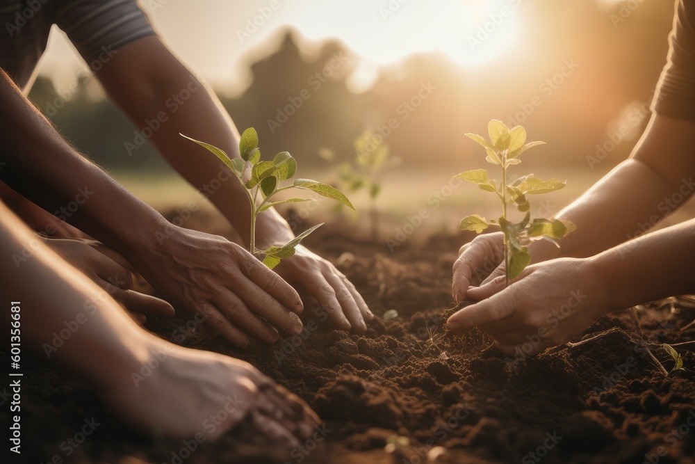Planting people plants sunset. Generate Ai