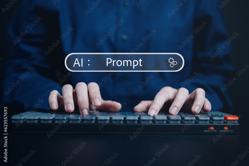 Prompt text, AI texting prompt on keyboard with smart Artificial Intelligence. Prompt text with AI, Immediate prompt concept