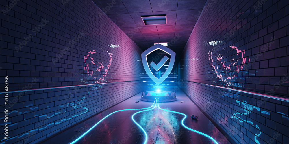 Underground cyber security hologram with digital shield 3D rendering